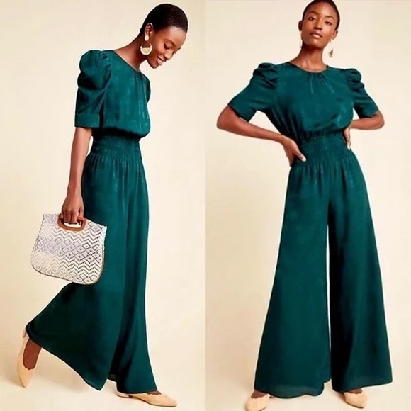 Anthropologie Pants - [Anthropologie] Current Air Green Floral Jacquard Castile Jumpsuit Size Medium M